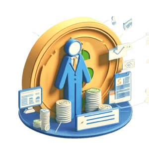 a man standing in front of a gold coin