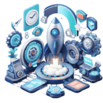 a rocket ship with various icons surrounding it