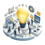 a group of people standing around a light bulb